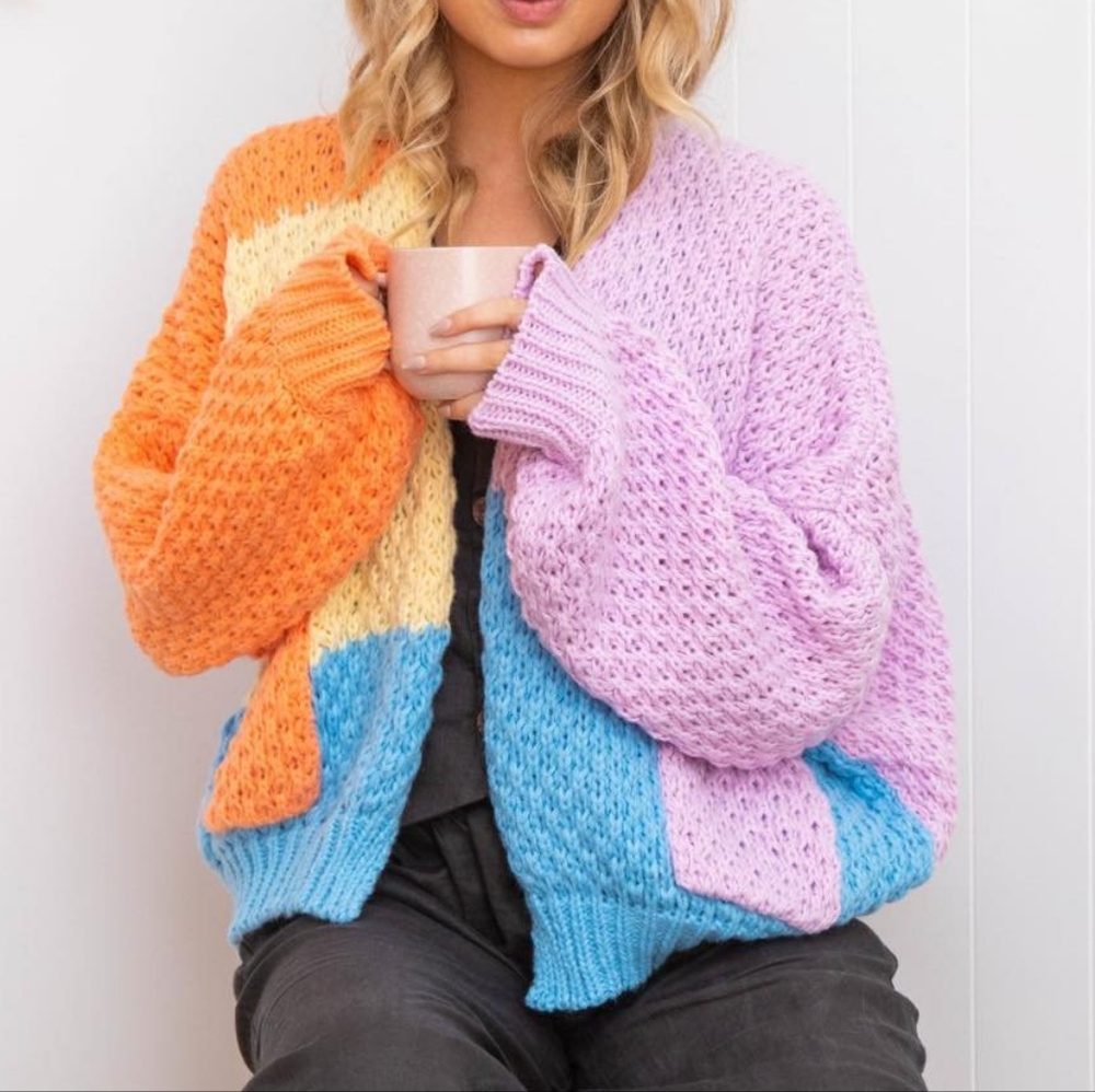 Dreamers by Debut Color Block Open Front Chunky Knit Sweater ** Sz L